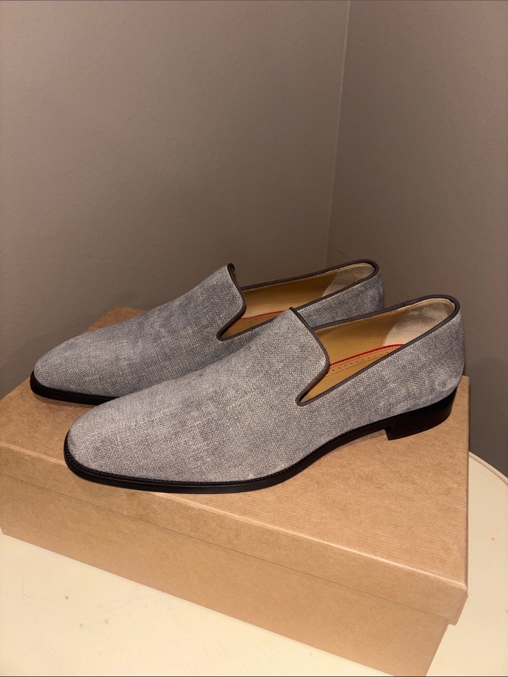 Christian Louboutin Men's Light Grey Suede Slip-On Loafers